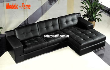 Sofá retrátil com chaise de couro legítimo - Conforto e elegância em um só estofado Sofá retrátil com chaise de couro preto original