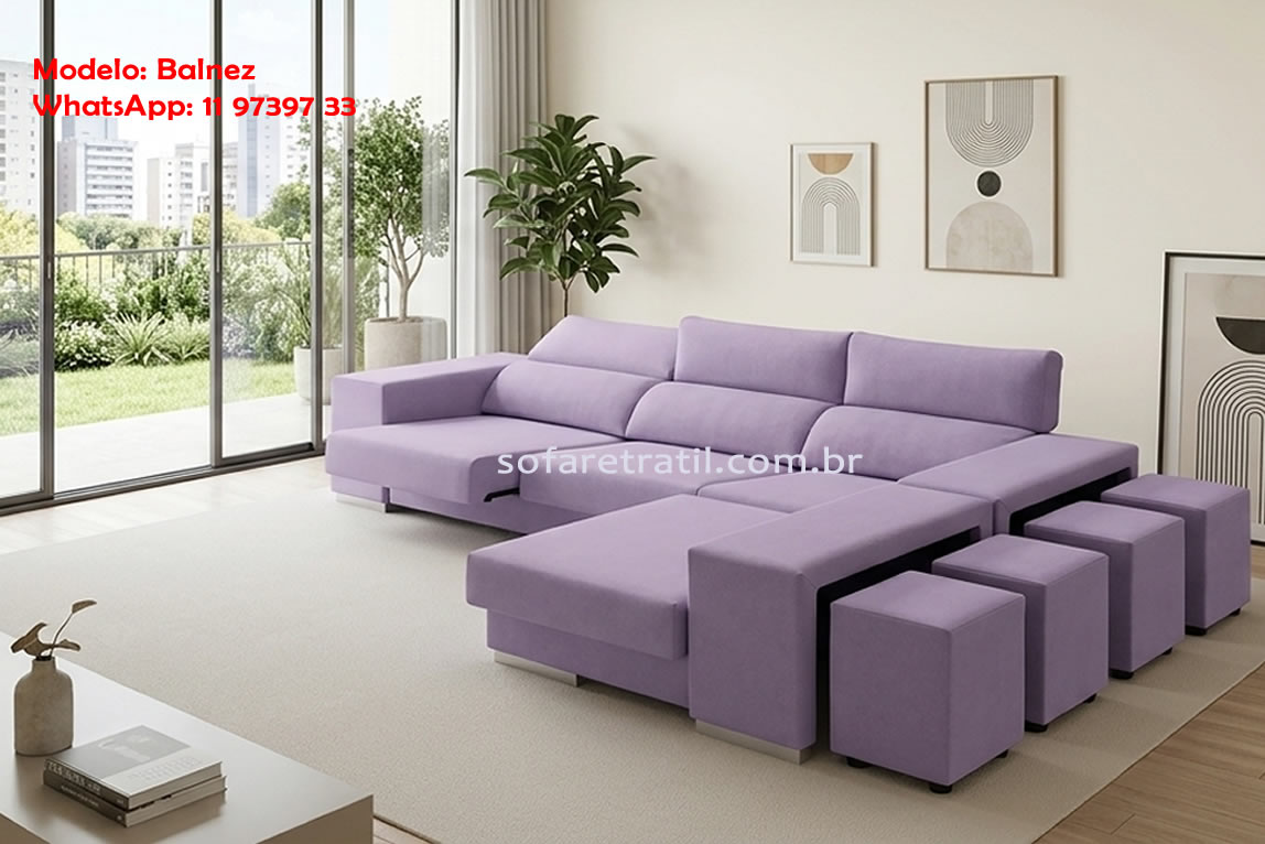 Sofá retrátil com chaise de três lugares