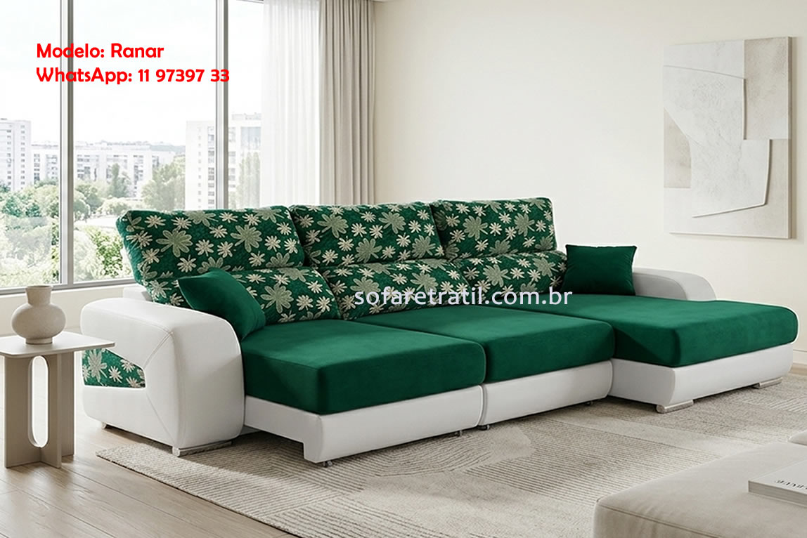 Sofá retrátil com chaise moderno e compacto