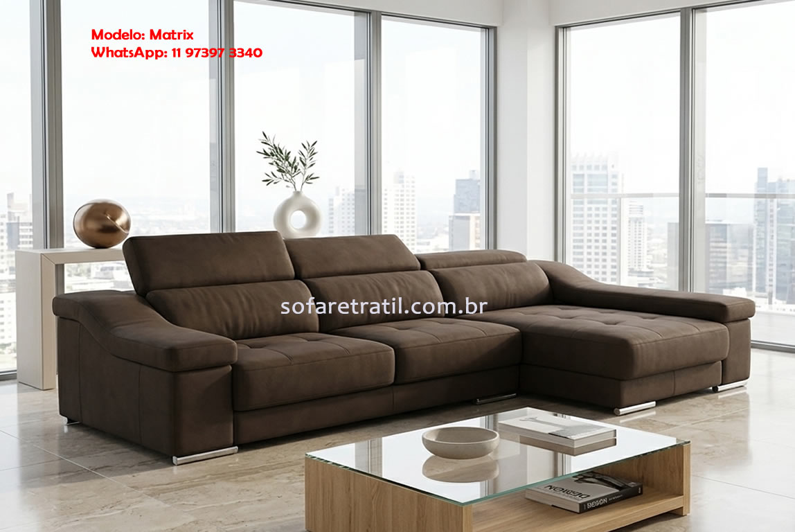 Sofá retrátil suede marrom com chaise